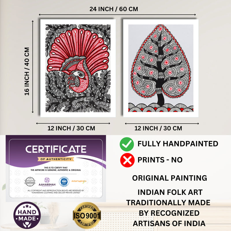 Handmade Madhubani Painting Set of 2 – Peacock and Tree of life 12x16