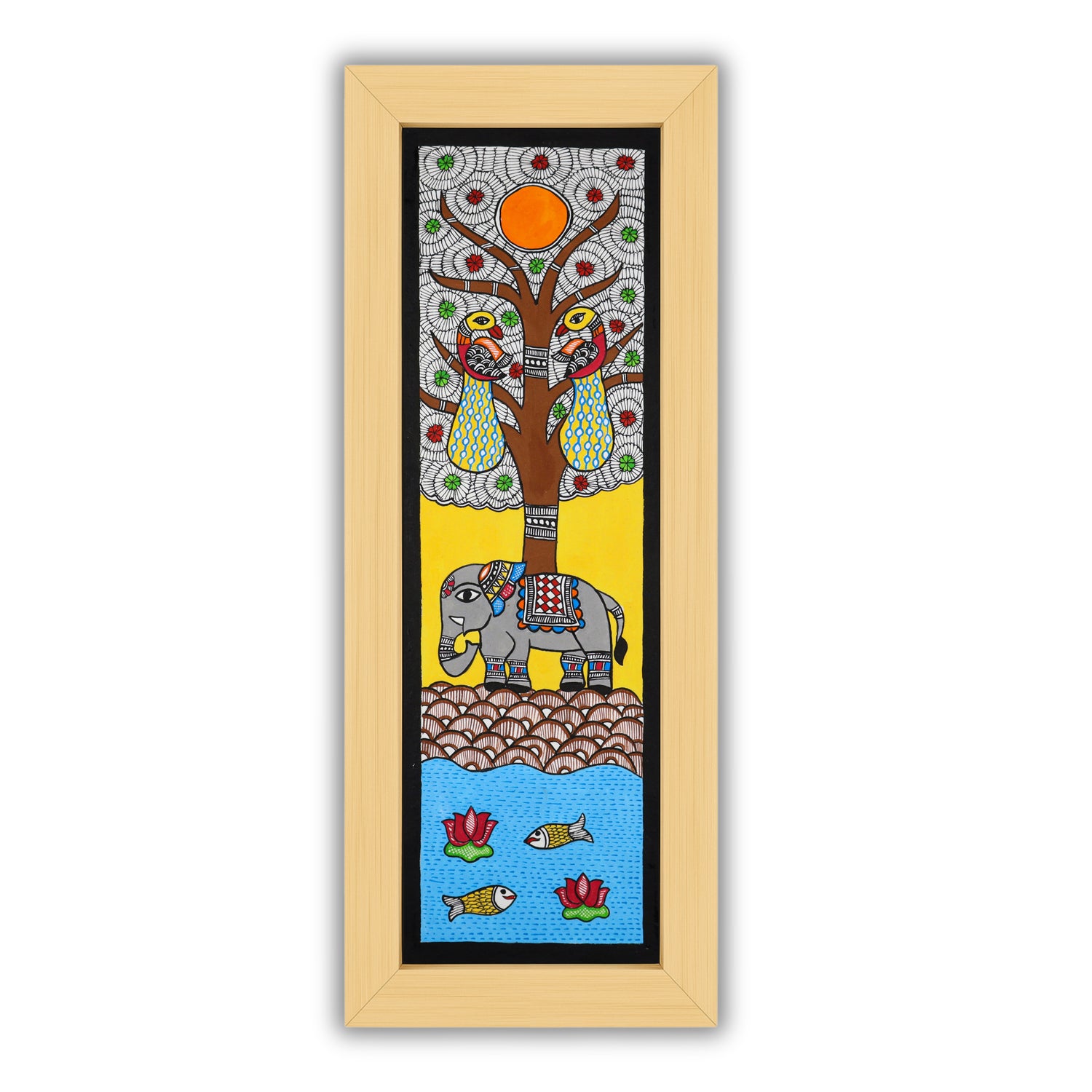 Framed artwork of a colorful elephant-with handmade madhubani painting 