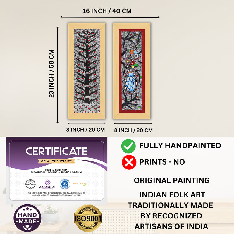 Handmade Madhubani Painting Set of 2 – Tree of life & Peacock 8x23