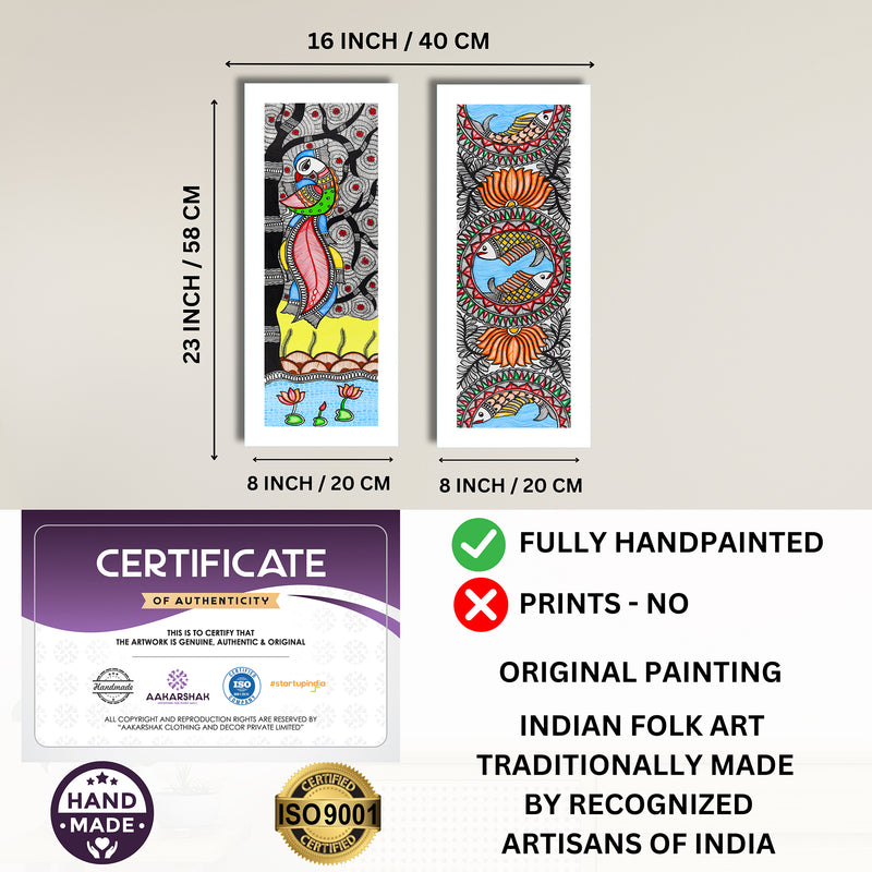 Handmade Madhubani Painting Set of 2 – Peacock and Fish Wall Decor 8x23