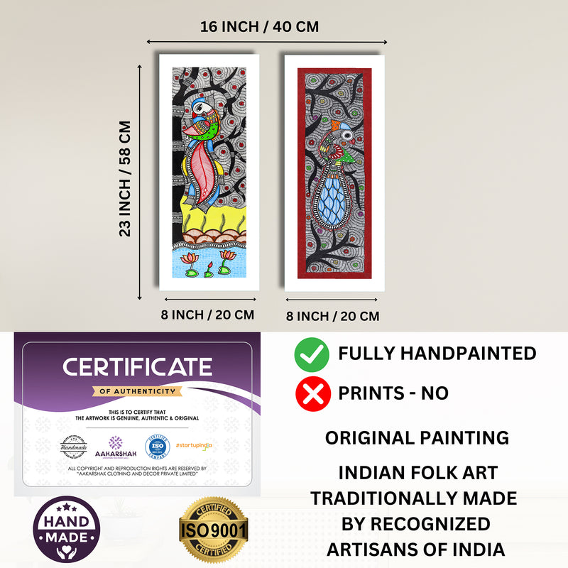 Handmade Madhubani Painting Set of 2 – Peacock and Peacock Wall Decor 8x23