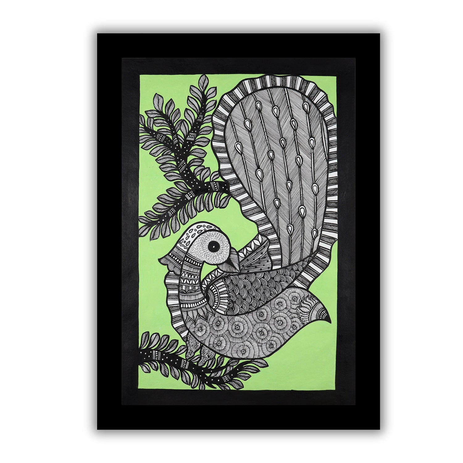 Handmade Madhubani art Peacock Painting Framed Indian Wall Decor 17x24 Inch