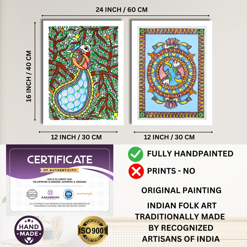 Handmade Madhubani Painting Set of 2 –  Peacock and Fish  12x16