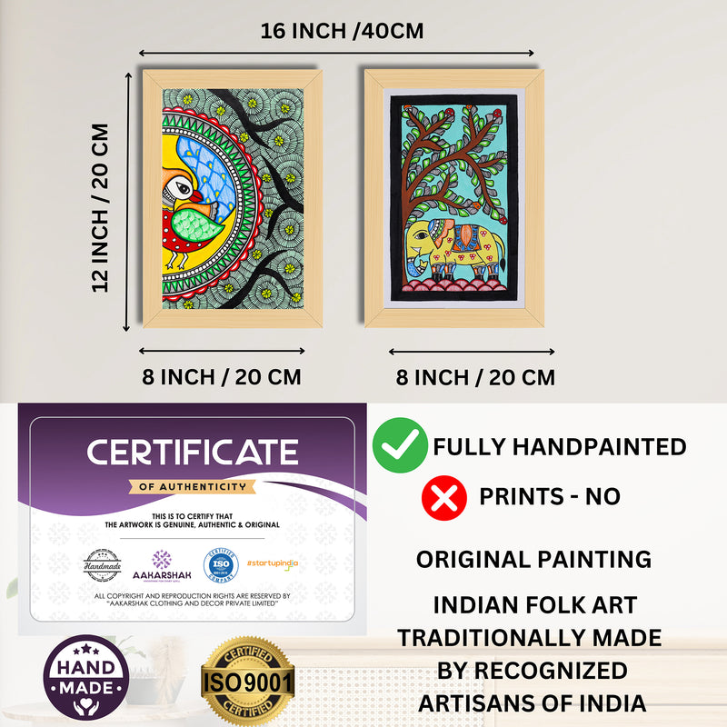 Handmade Peacock and Elephant Madhubani Painting 8x12 Set of 2