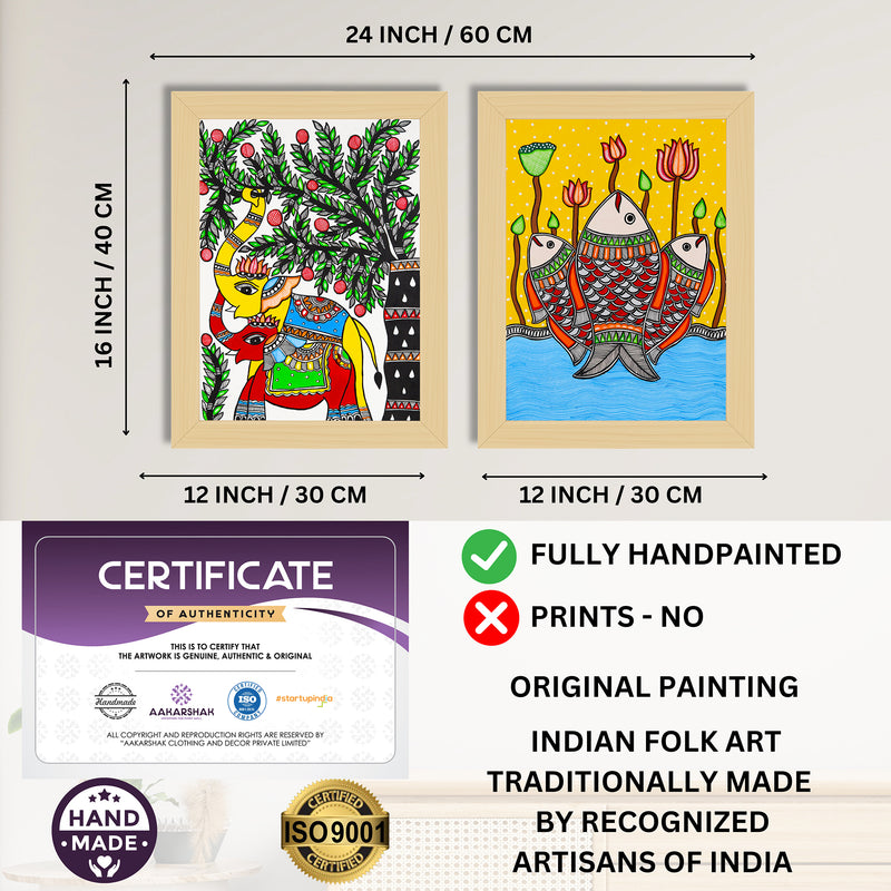 Handmade Madhubani Painting Set of 2 – Elephant and Fish  12x16