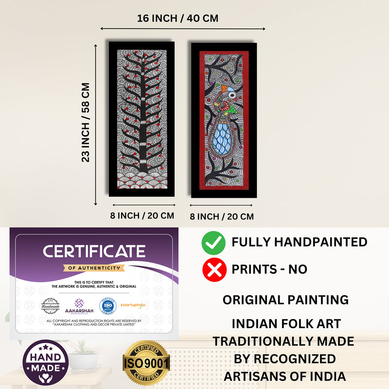 Handmade Madhubani Painting Set of 2 – Tree of life & Peacock 8x23
