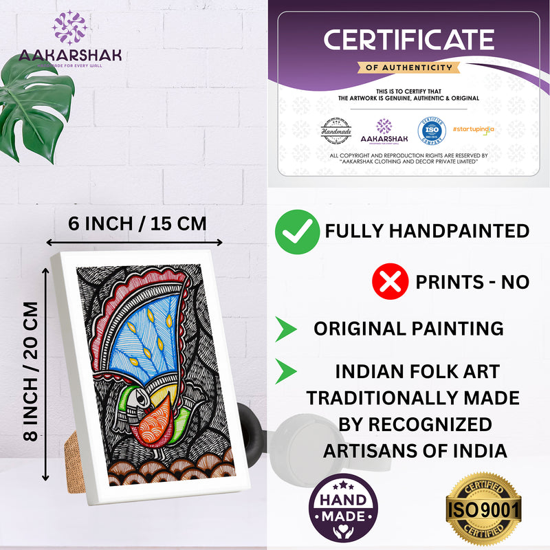 Handmade Madhubani Peacock Painting 6x8 Inch Framed Indian Wall Decor
