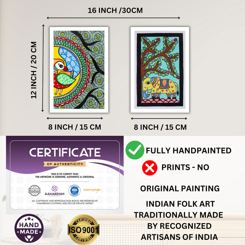 Handmade Peacock and Elephant Madhubani Painting 8x12 Set of 2