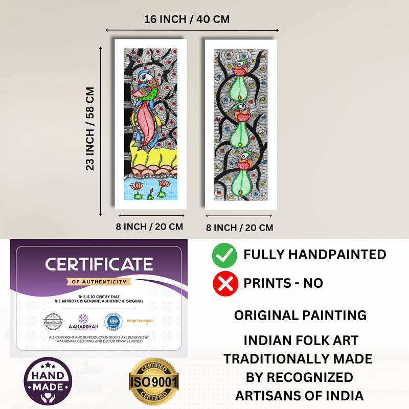 Handmade Madhubani Painting Set of 2 – Peacock and Peacock Wall Decor 8x23