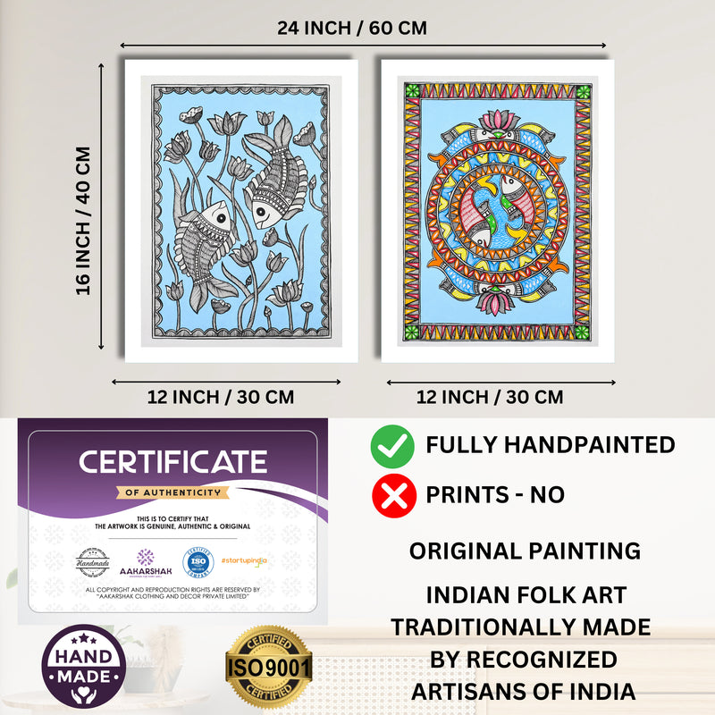 Handmade Madhubani Painting Set of 2 – Fish 12x16