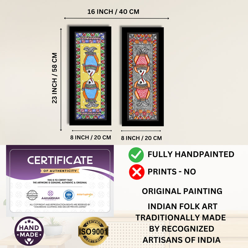 Handmade Madhubani Painting Set of 2 – Fish & Fish Wall Decor 8x23