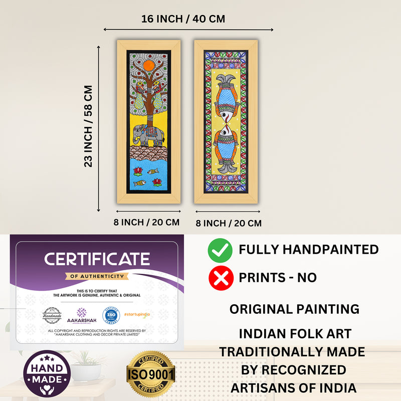 Handmade Madhubani Painting Set of 2 – Elephant & Fish Wall Decor 8x23