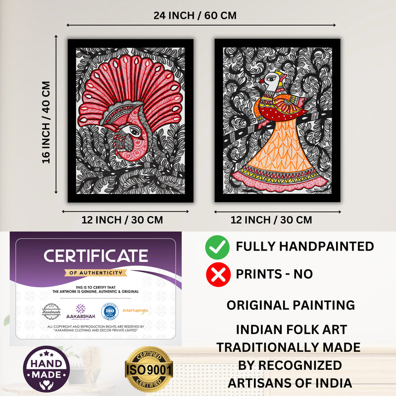 Handmade Madhubani Painting Set of 2 – Dancing peacock 12x16