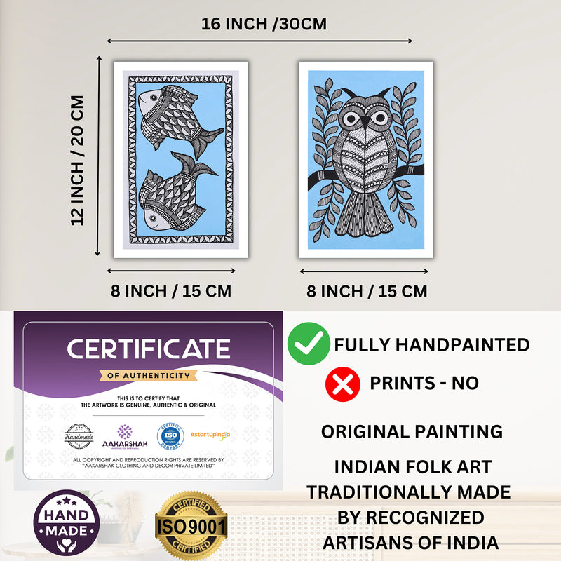 Handmade Fish and Owl Madhubani Painting 8x12 Set of 2