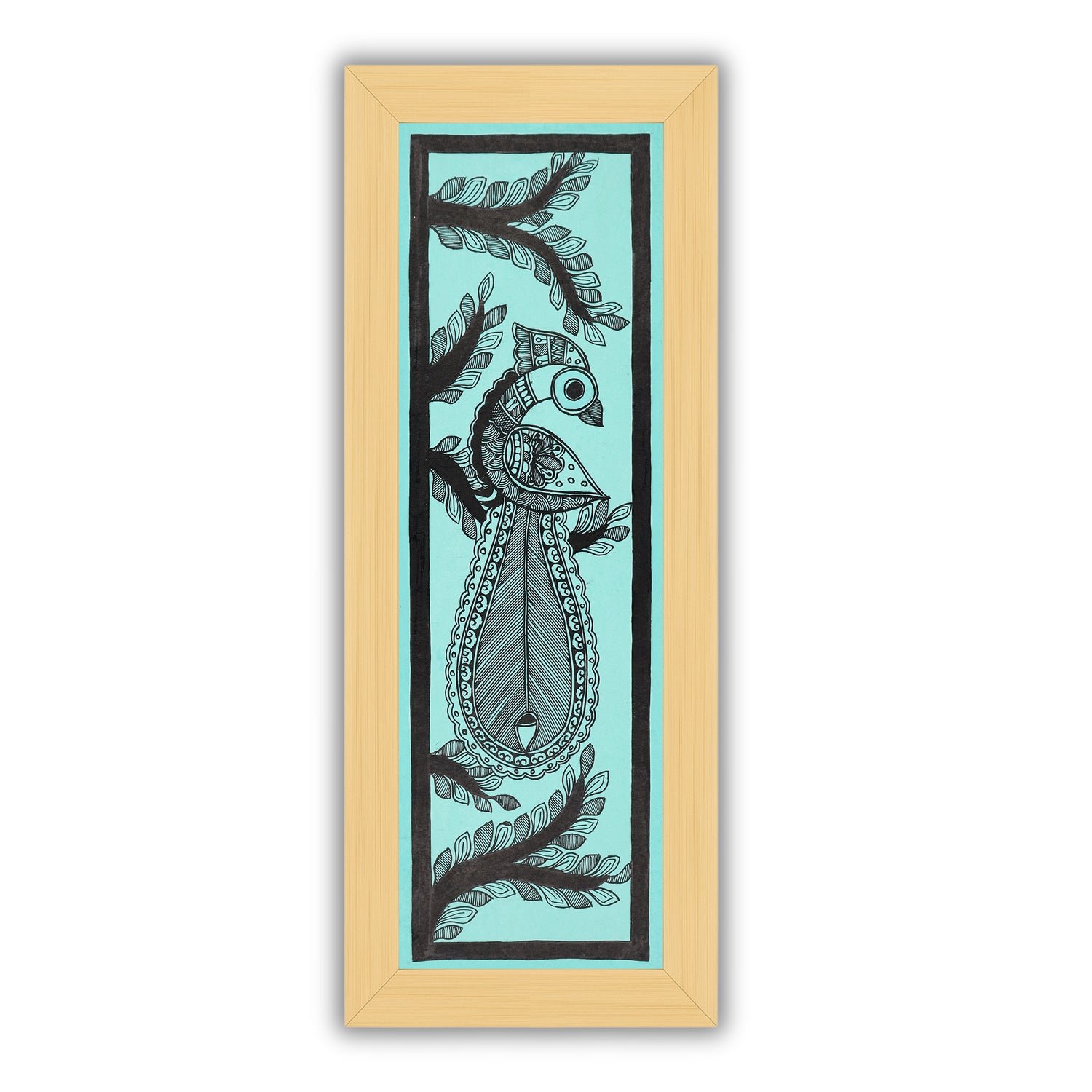 Framed artwork of a colorful peacock-with handmade madhubani painting 