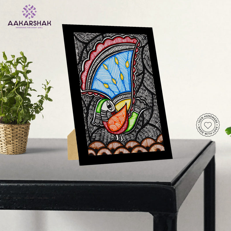 Handmade Madhubani Peacock Painting 6x8 Inch Framed Indian Wall Decor