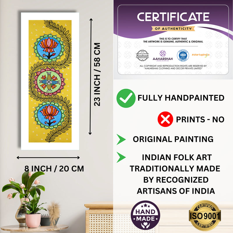 Framed artwork with dimensions, authenticity certificate and handmade iso certified-lotus madhubani painting