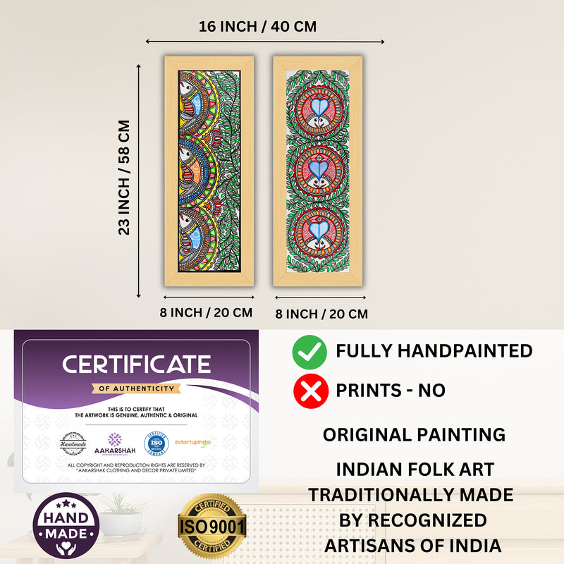 Handmade Madhubani Painting Set of 2 – Fish & Fish Wall Decor 8x23