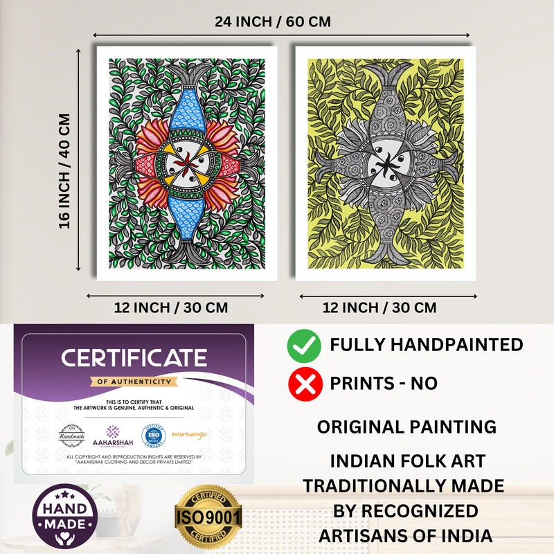 Handmade Madhubani Painting Set of 2 – Fish 12x16