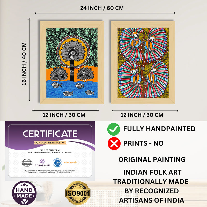 Handmade Madhubani Painting Set of 2 – Peacock 12x16