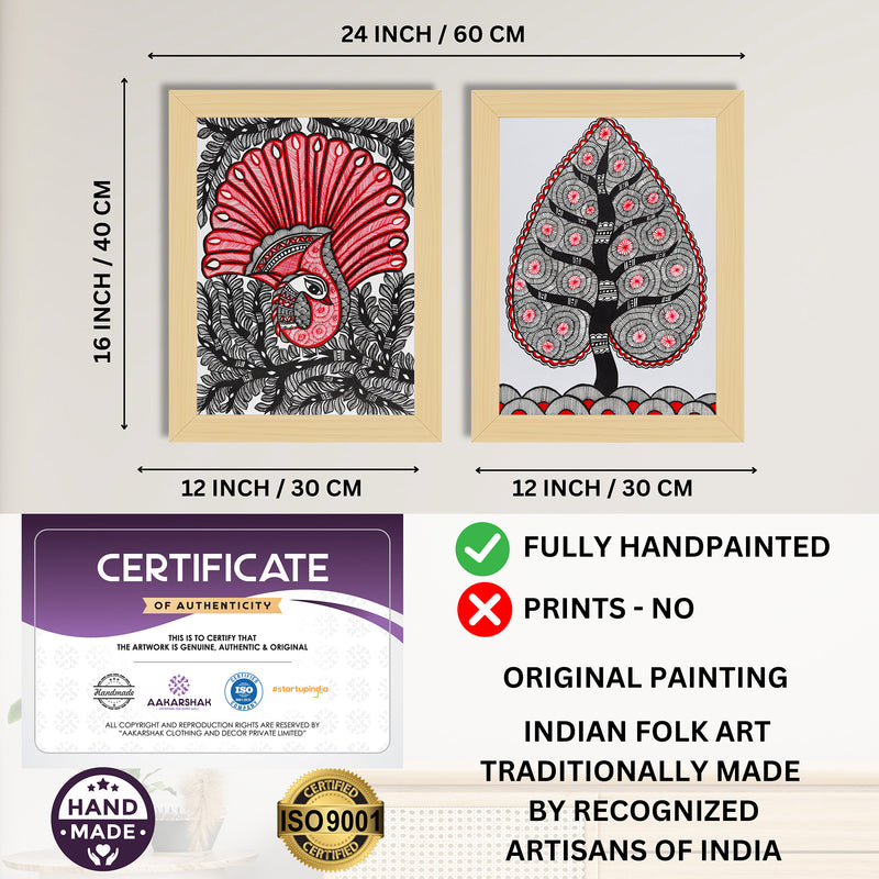 Handmade Madhubani Painting Set of 2 – Peacock and Tree of life 12x16
