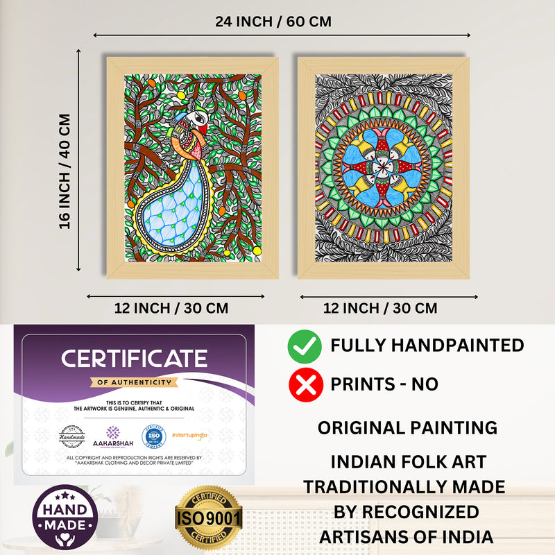 Handmade Madhubani Painting Set of 2 –  Peacock and Fish  12x16
