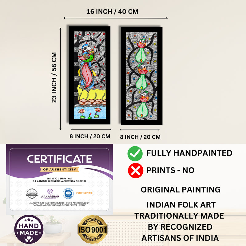 Handmade Madhubani Painting Set of 2 – Peacock and Peacock Wall Decor 8x23