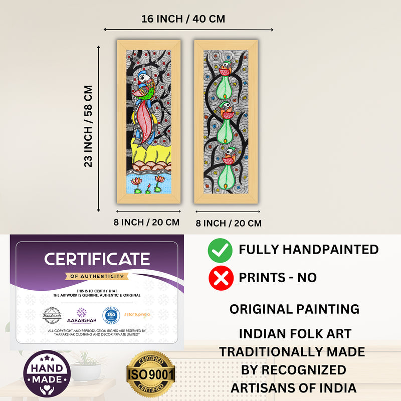 Handmade Madhubani Painting Set of 2 – Peacock and Peacock Wall Decor 8x23