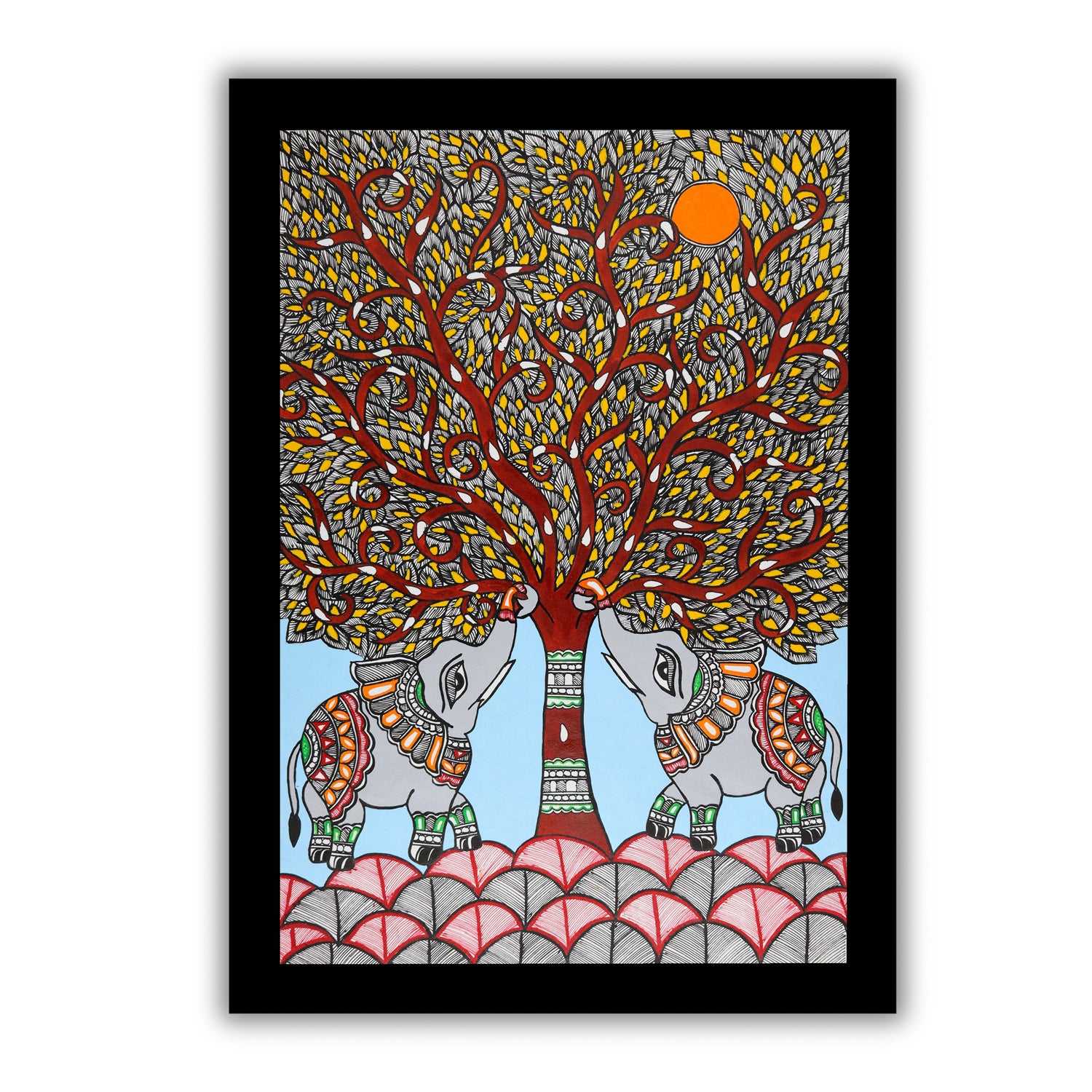 Handmade Elephant Tree of life Madhubani Painting Wall Decor 17x24