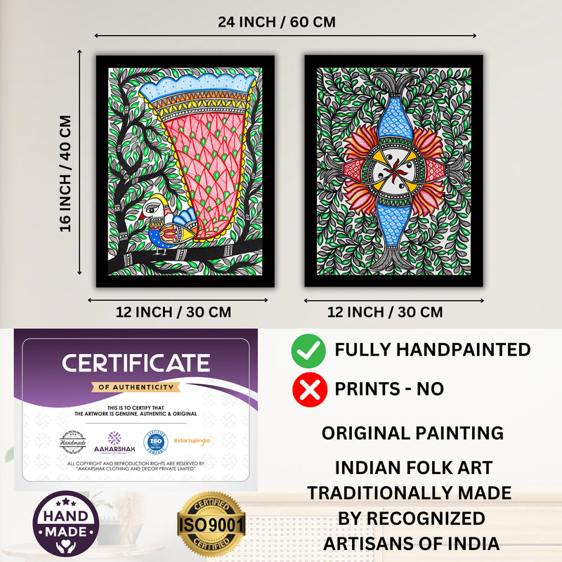 Handmade Madhubani Painting Set of 2 –  Peacock and Fish  12x16