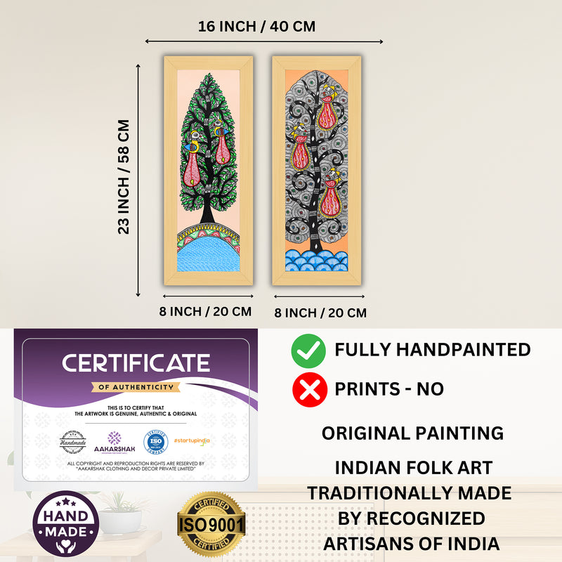 Handmade Madhubani Painting Set of 2 – Peacock and Peacock Wall Decor 8x23