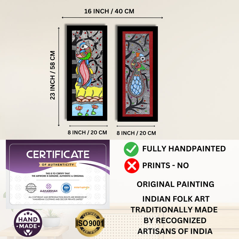 Handmade Madhubani Painting Set of 2 – Peacock and Peacock Wall Decor 8x23
