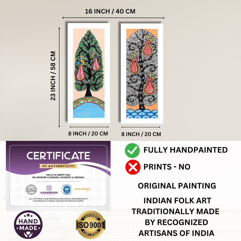 Handmade Madhubani Painting Set of 2 – Peacock and Peacock Wall Decor 8x23