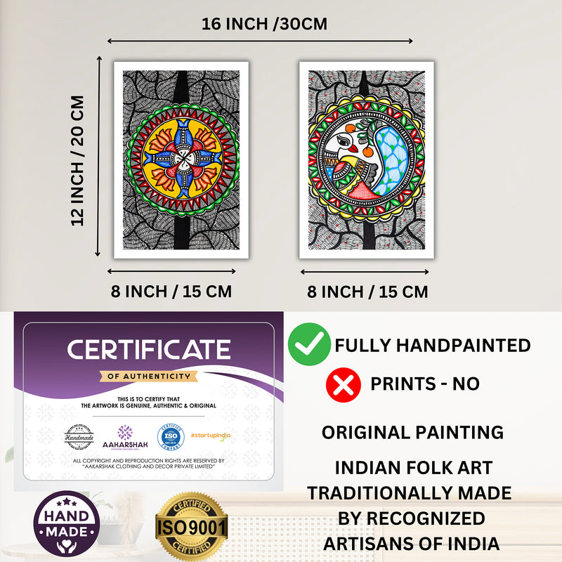 Handmade Fish and Peacock Madhubani Painting 8x12 Set of 2