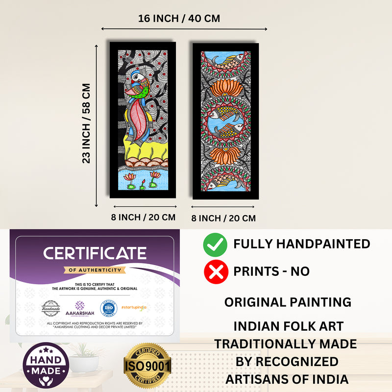 Handmade Madhubani Painting Set of 2 – Peacock and Fish Wall Decor 8x23