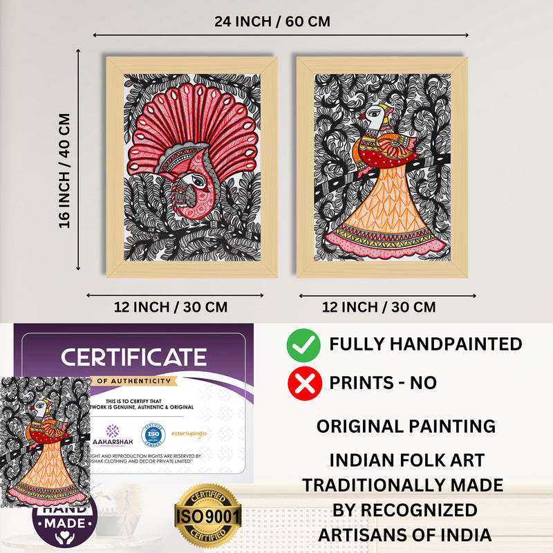 Handmade Madhubani Painting Set of 2 – Dancing peacock 12x16