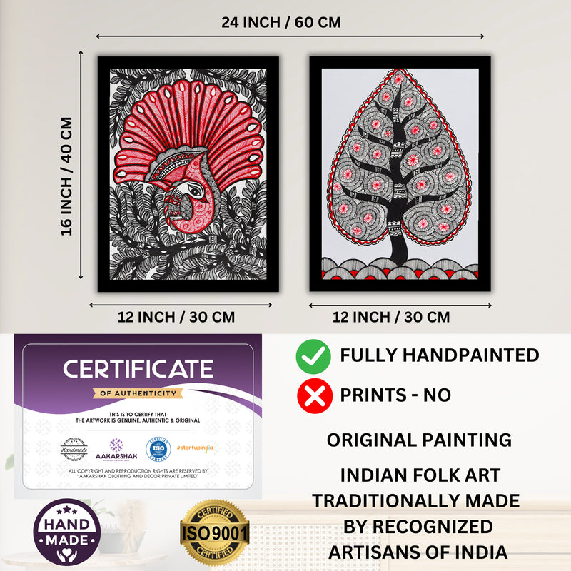 Handmade Madhubani Painting Set of 2 – Peacock and Tree of life 12x16