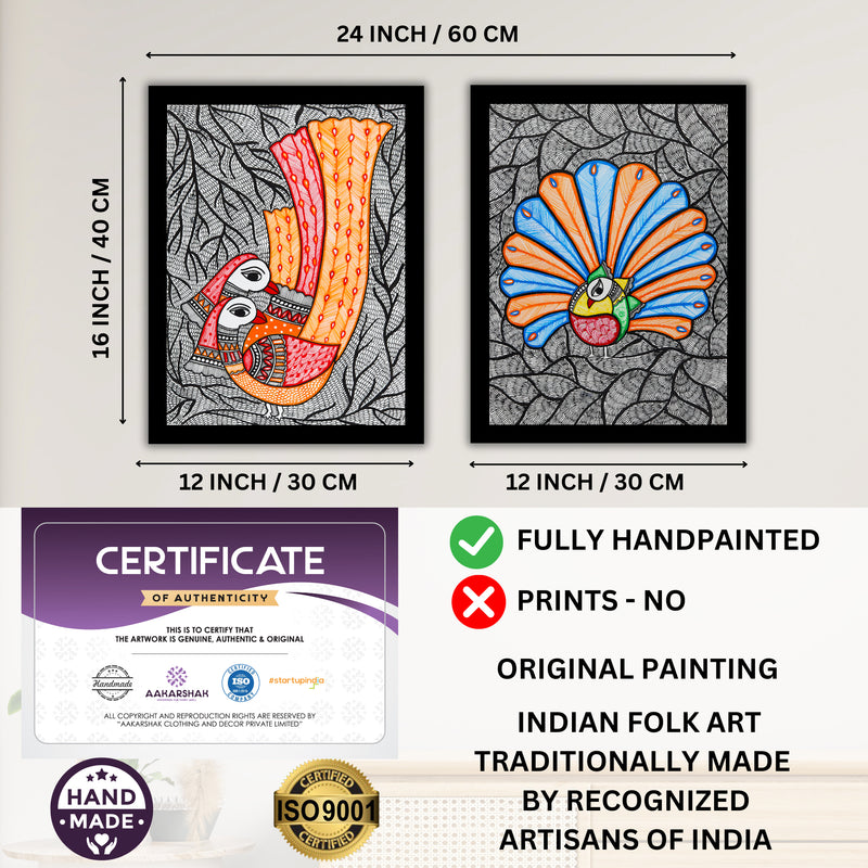 Handmade Madhubani Painting Set of 2 –  Peacock 12x16