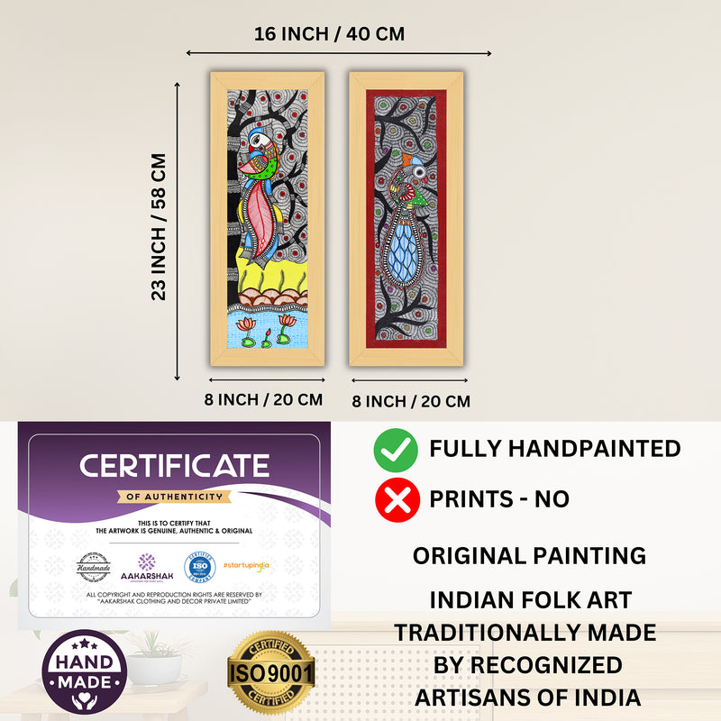 Handmade Madhubani Painting Set of 2 – Peacock and Peacock Wall Decor 8x23