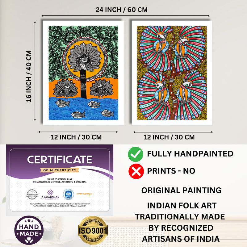 Handmade Madhubani Painting Set of 2 – Peacock 12x16