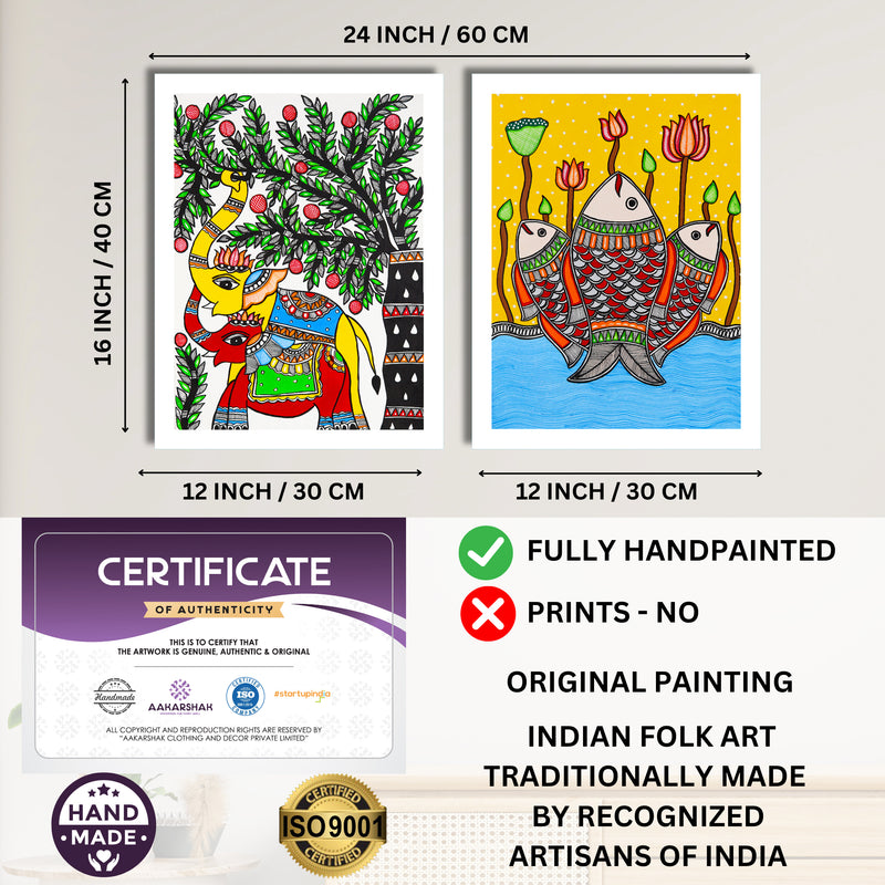 Handmade Madhubani Painting Set of 2 – Elephant and Fish  12x16