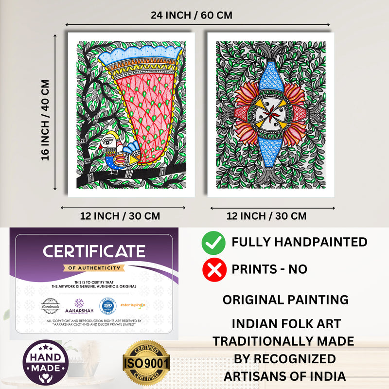 Handmade Madhubani Painting Set of 2 –  Peacock and Fish  12x16