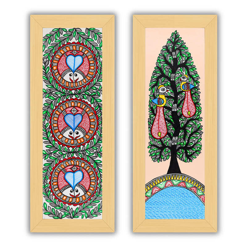 Handmade Madhubani Painting Set of 2 – Fish & Peacock Wall Decor 8x23