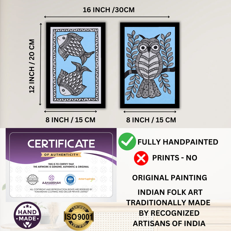 Handmade Fish and Owl Madhubani Painting 8x12 Set of 2
