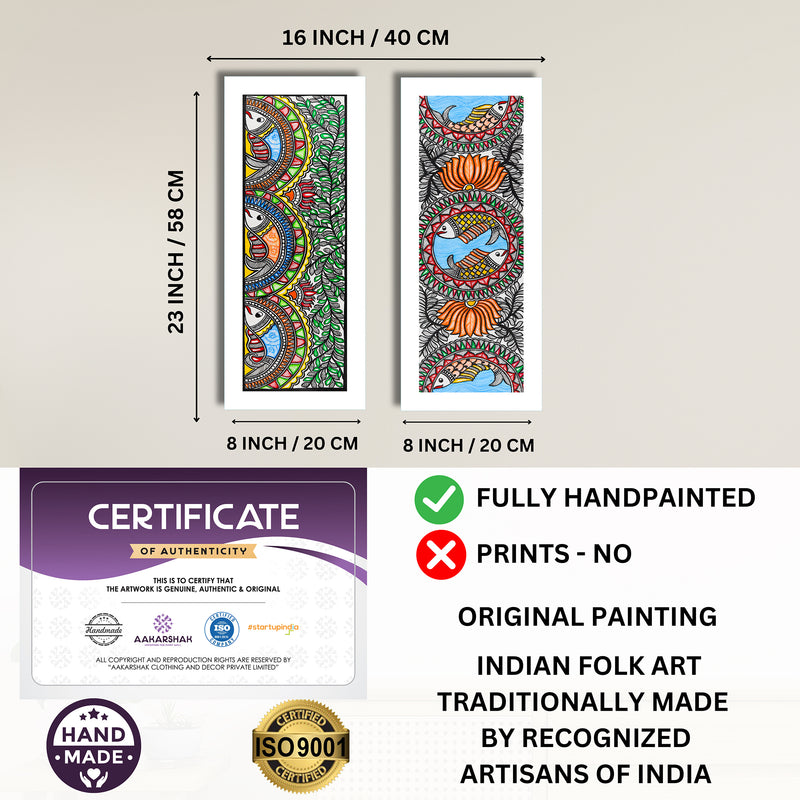 Handmade Madhubani Painting Set of 2 – Fish & Fish Wall Decor 8x23