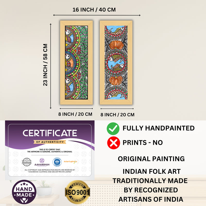 Handmade Madhubani Painting Set of 2 – Fish & Fish Wall Decor 8x23