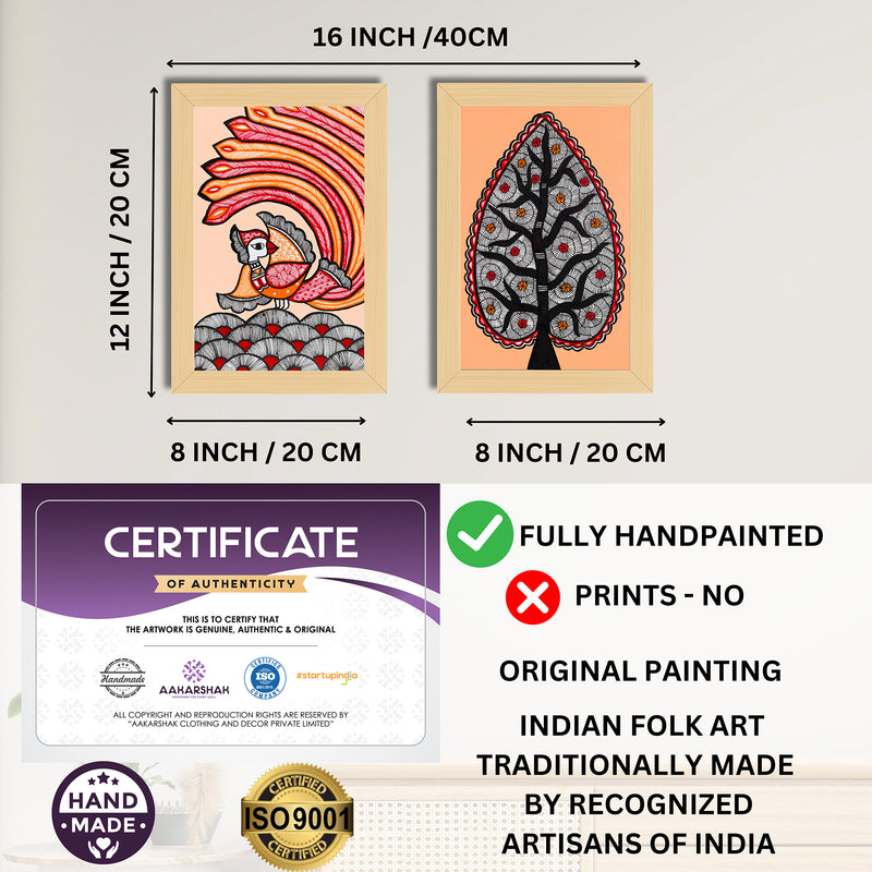 Handmade Peacock and Tree of life Madhubani Painting 8x12 Set of 2