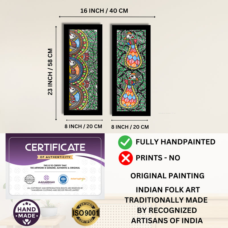 Handmade Madhubani Painting Set of 2 – Fish & Peacock Wall Decor 8x23