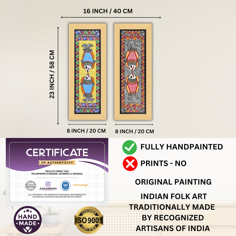 Handmade Madhubani Painting Set of 2 – Fish & Fish Wall Decor 8x23