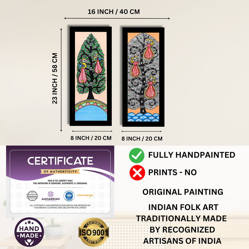 Handmade Madhubani Painting Set of 2 – Peacock and Peacock Wall Decor 8x23